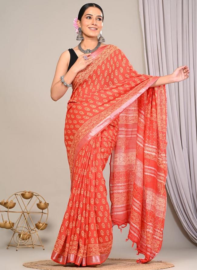 Linen Peach Casual Wear Printed Saree